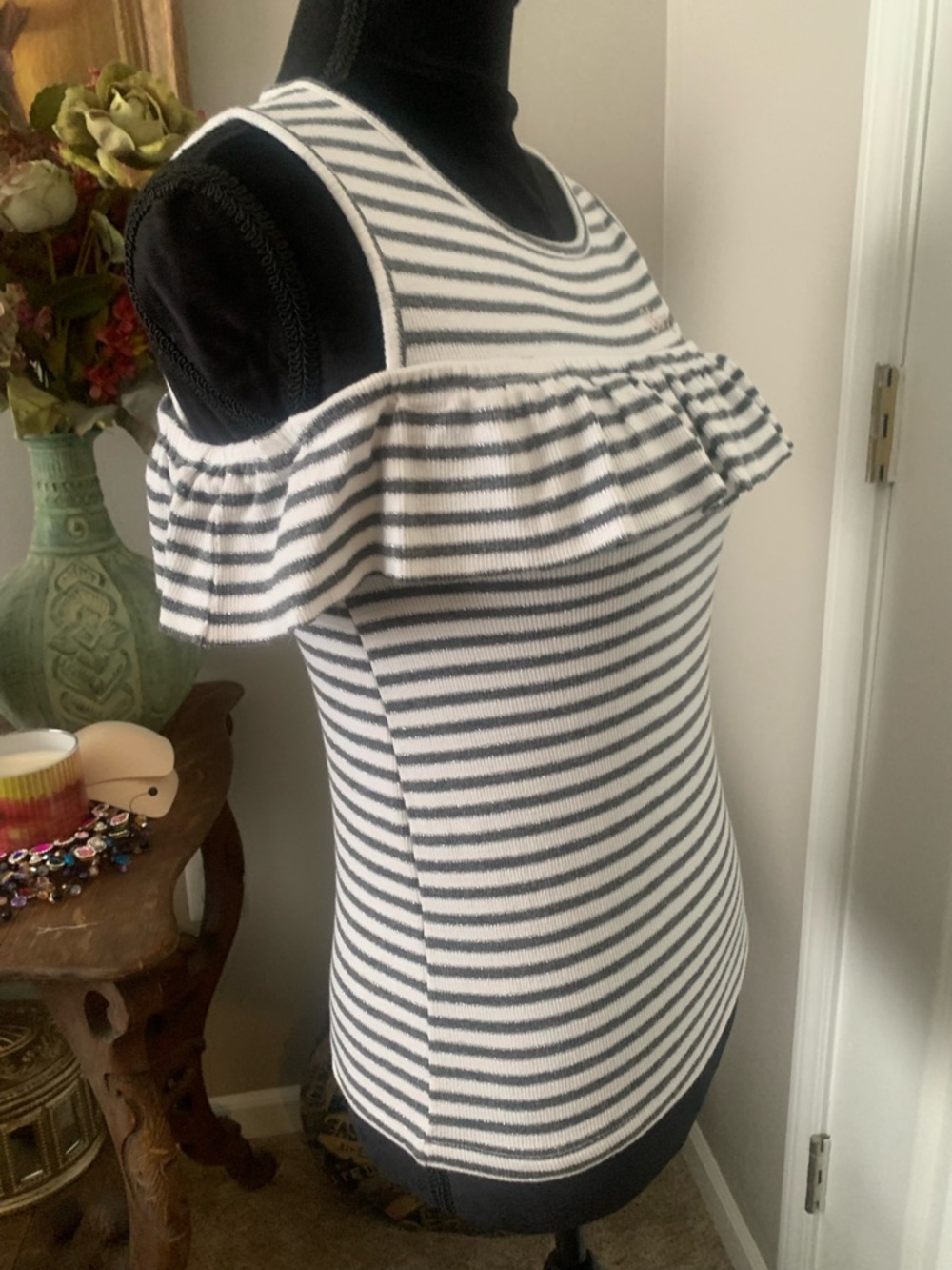 Donna Karan NY Striped Ruffle Cold-Shoulder Tank Top - White & Gray Sparkle